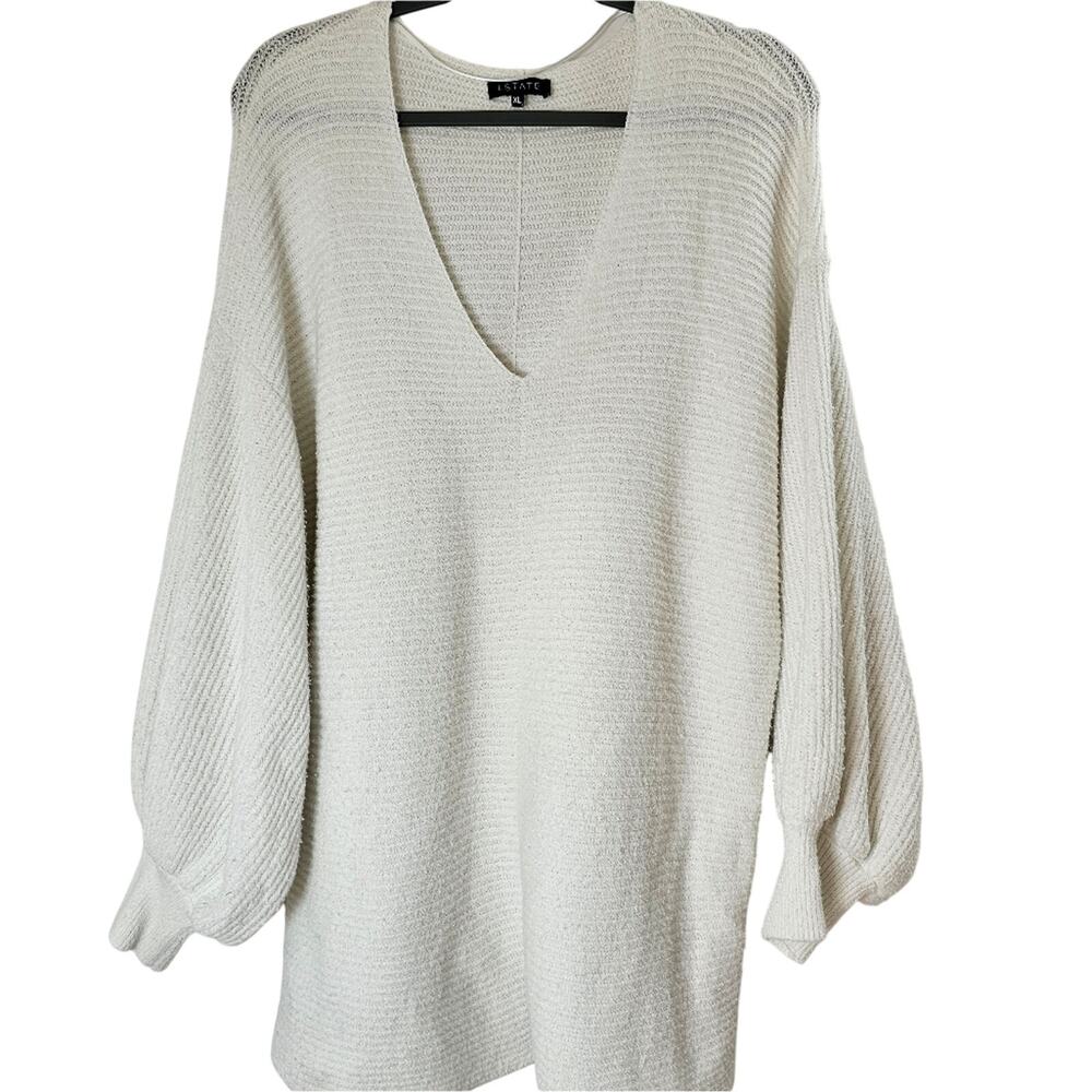 Womens Sz XL Neutral Feminine Balloon Sleeve V-Neckline Ribbed Sweater